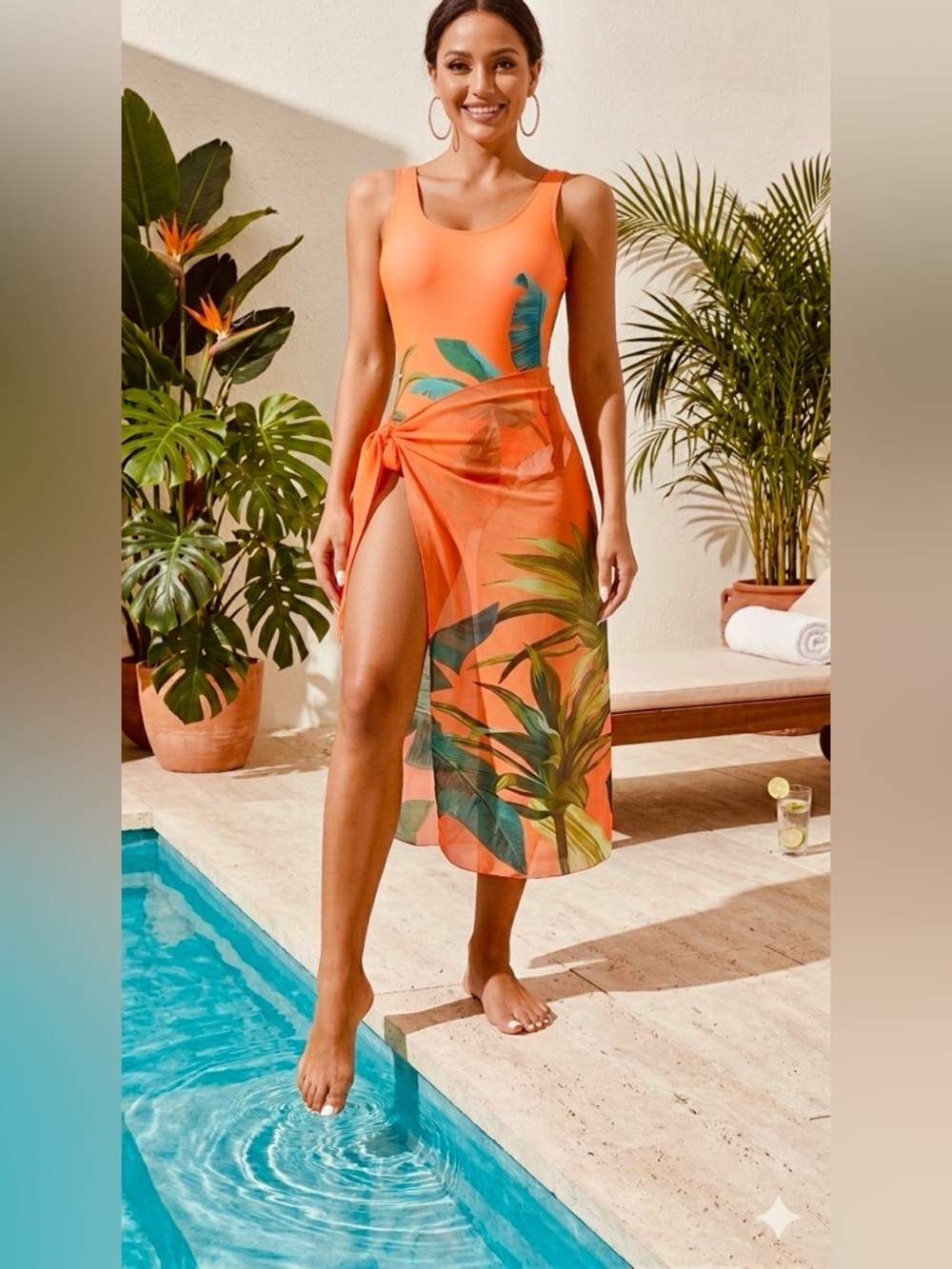 Orange Tropical Print Women’s Swim Dress with Sheer Wrap NWOT